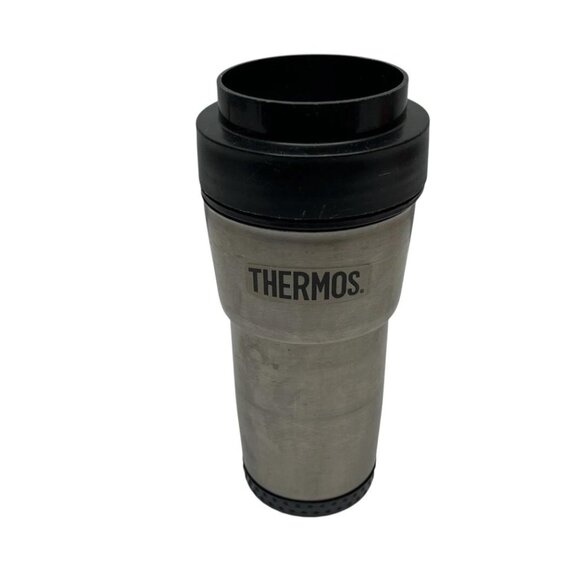 Thermos Travel Mug 8" Tall Brushed Aluminum Black USA - No Rubber - Pre Owned - Picture 1 of 5